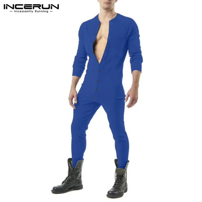 

INCERUN Solid Color Men Jumpsuit Pajamas Long Sleeve O Neck Homewear Button Casual Rompers Comfortable Fitness Mens Overalls 5XL