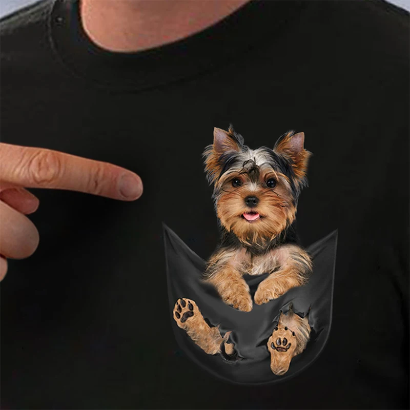 

Cotton Pocket T-Shirt Summer Yorkshire Terrier Printed T-shirt Men for Women Shirts Tops Funny Cotton Black Tees Drop Shipping