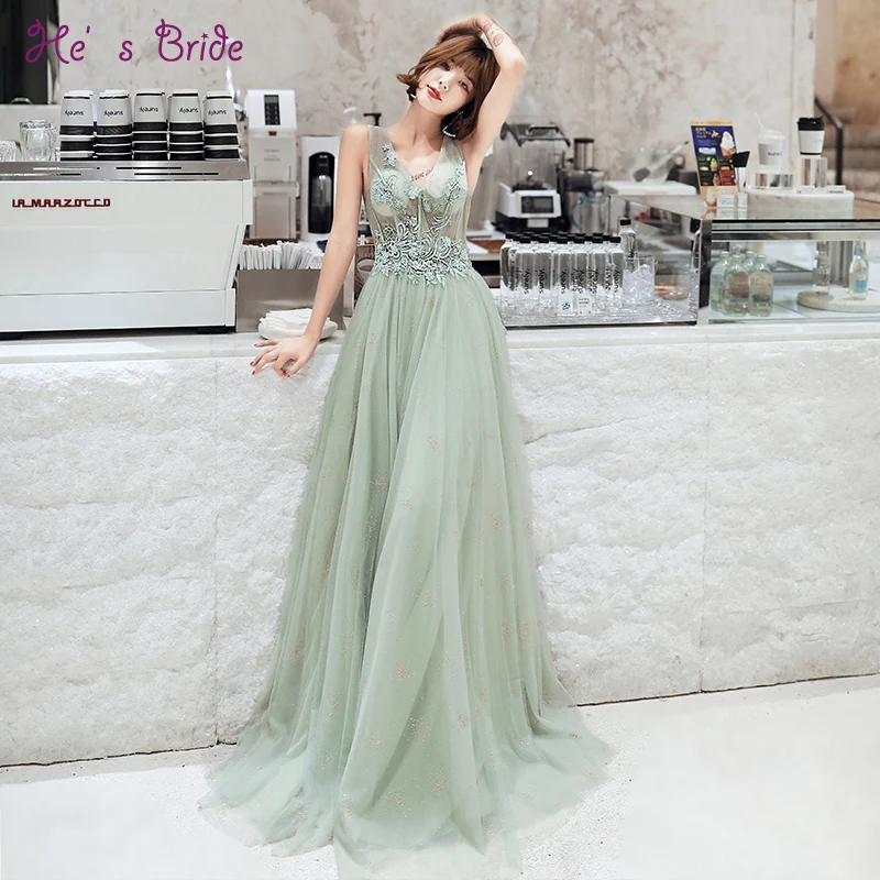 Женское длинное вечернее платье He's Bride светильник-зеленое ТРАПЕЦИЕВИДНОЕ
