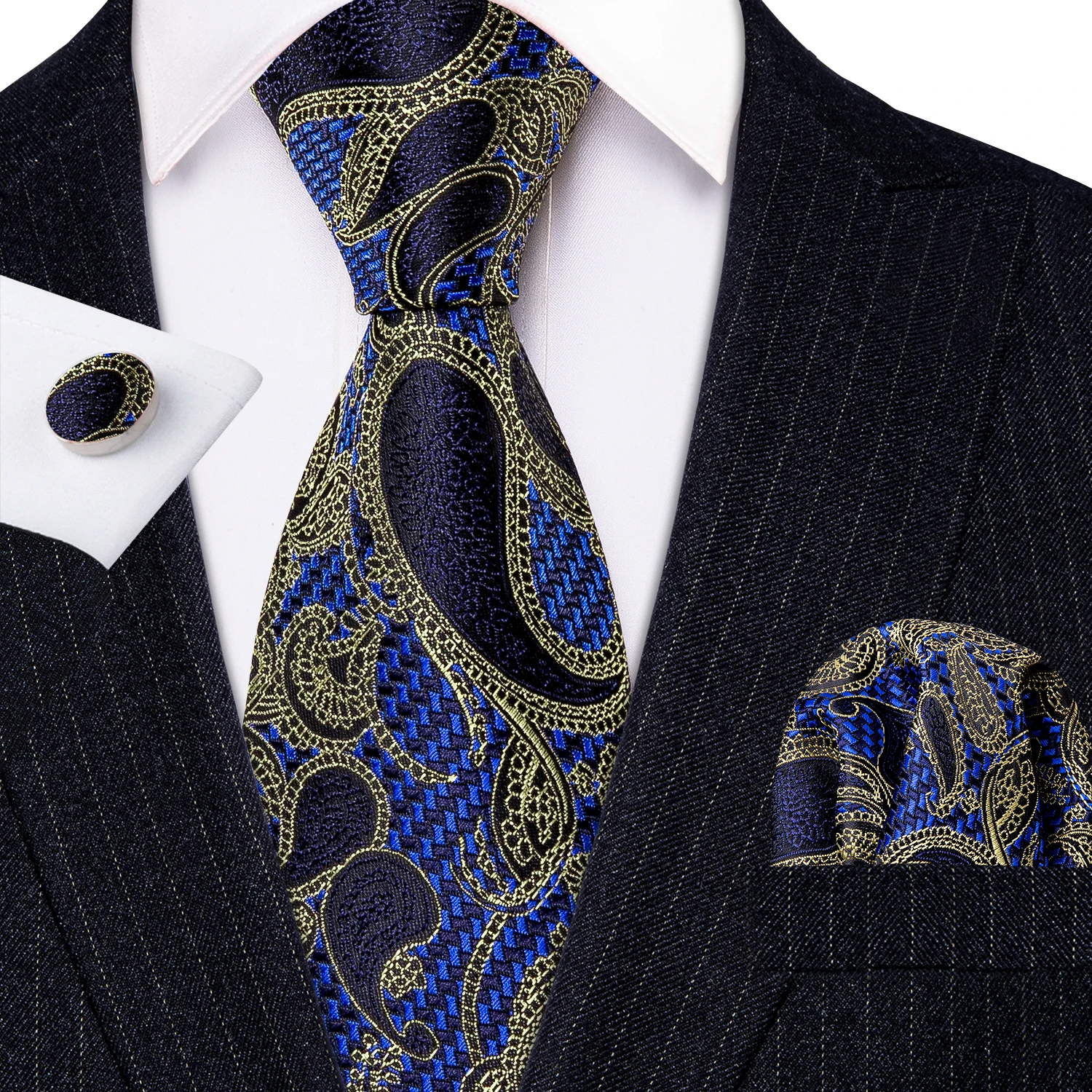 

New Fashion Silk Men Ties Paisley Floral Neckties Black Jacquard Party Business Handkerchief Cufflinks Tie For Men 8.5cm