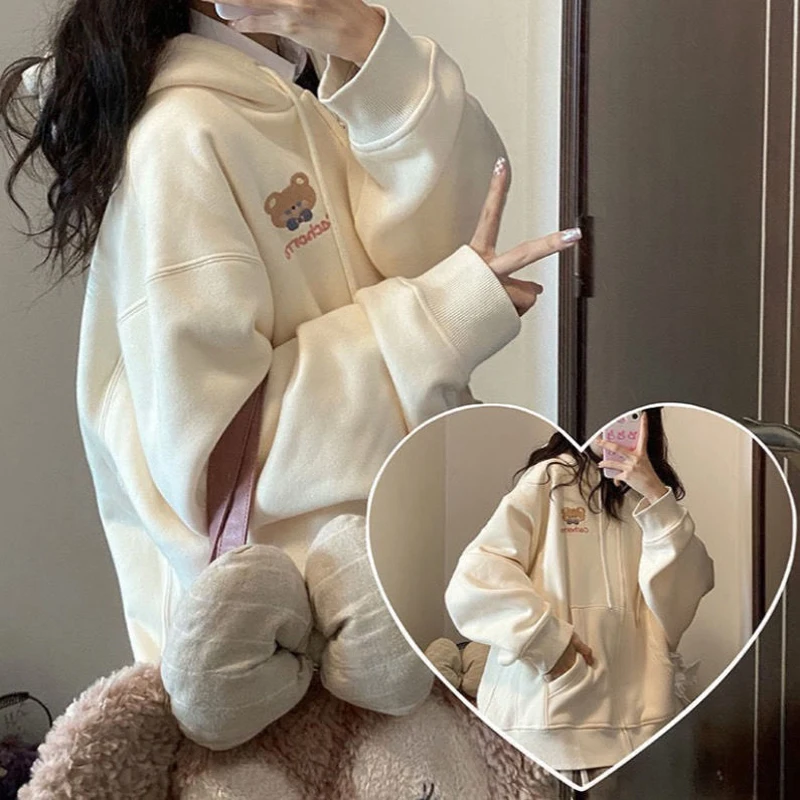 Симпатичная японская Толстовка в стиле Харадзюку с изображением мишки Женская