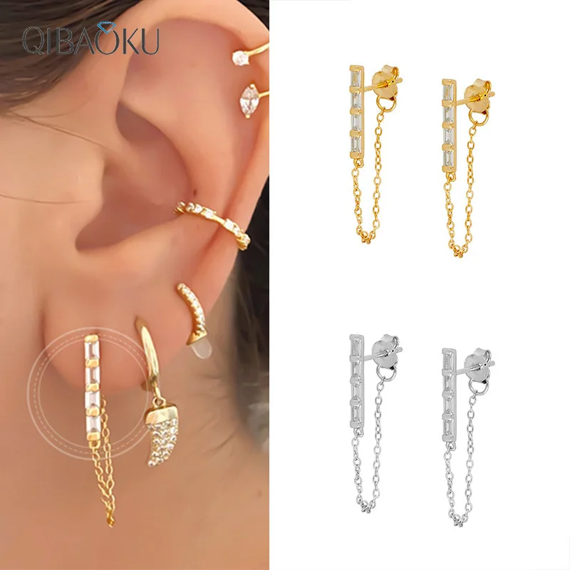 

100% 925 Fine Silver Delicate Dainty Chain Earring for Women Enamel Smile Face Elegant Simple Handcuffs Link Chain Earrings