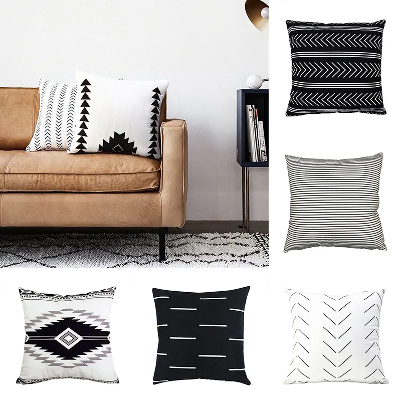 Наволочка в скандинавском стиле черная серая Геометрическая наволочка льняная