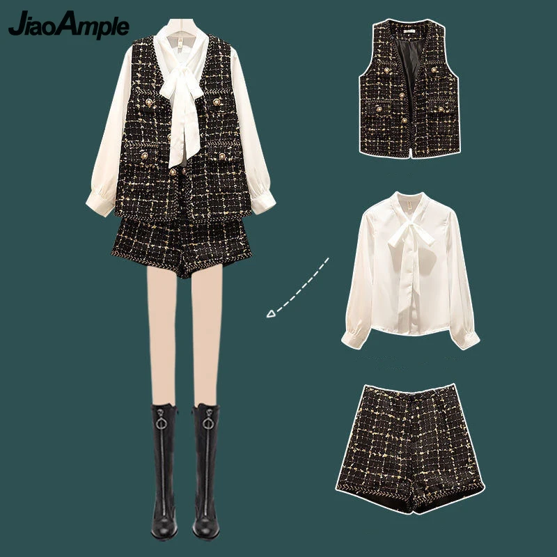 Женский элегантный офисный костюм из 3 предметов элегантная рубашка с бантом +