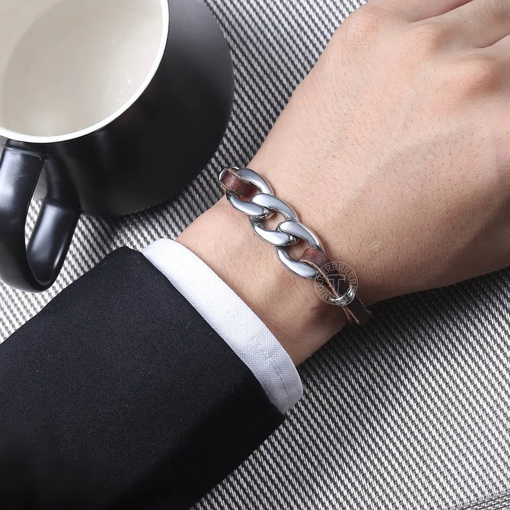 Браслет из натуральной кожи для мужчин кубинская цепочка нержавеющей стали