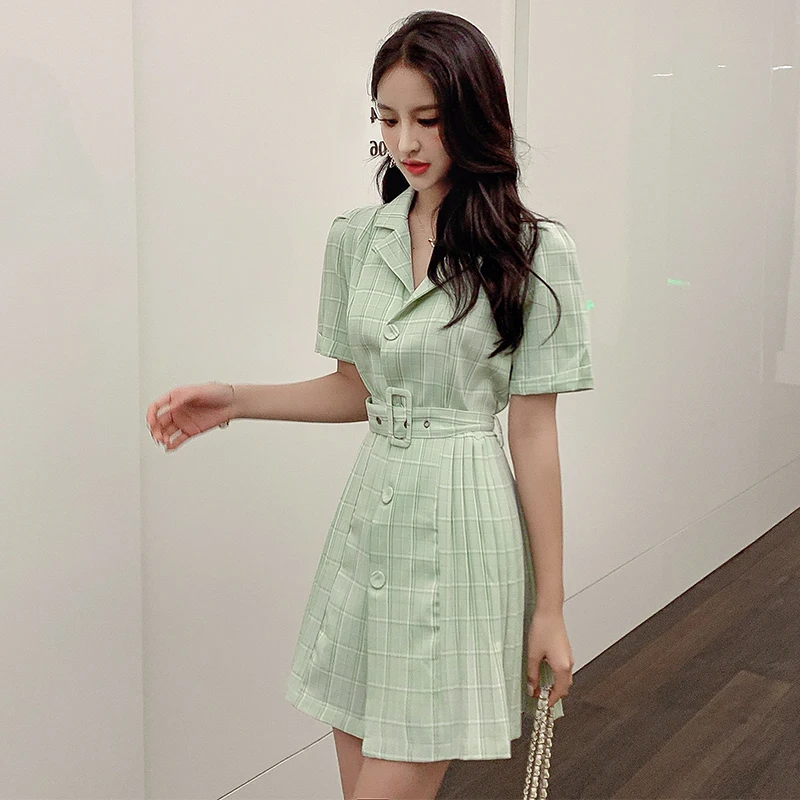

Suit Dress Women Plaid Fashion Small Dress A-Line Ruched Mini Fresh Dress 2021 Summer New Korean Sweet + Belt Office Vestidos