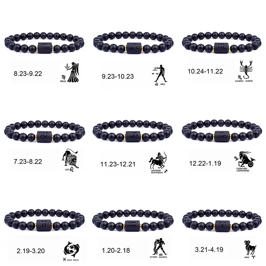 

8mm Beads 12 Constellation Charm Woven Bracelet Zodiac Sign Black Braided Aries Leo Libra Women Men Couple Bracelet Jewelry Gift