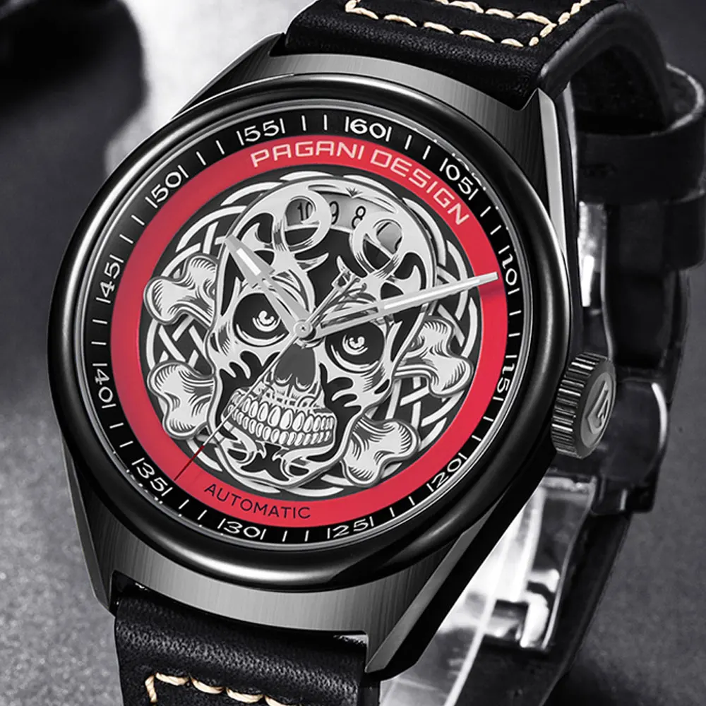 43 мм Pagani Дизайн Классический 3D череп панк стиль черный циферблат кожа мужские