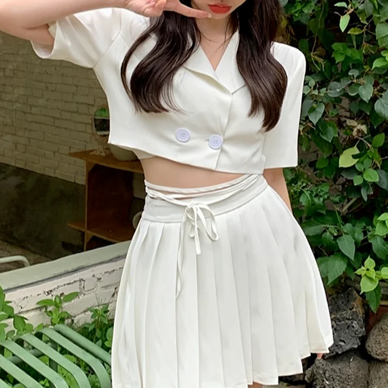 Fashion Short-sleeved Suit Jacket Women's Short Small Suit 2023 Summer Loose Tie High Waist Top Sexy Skirt Office Clothes Women