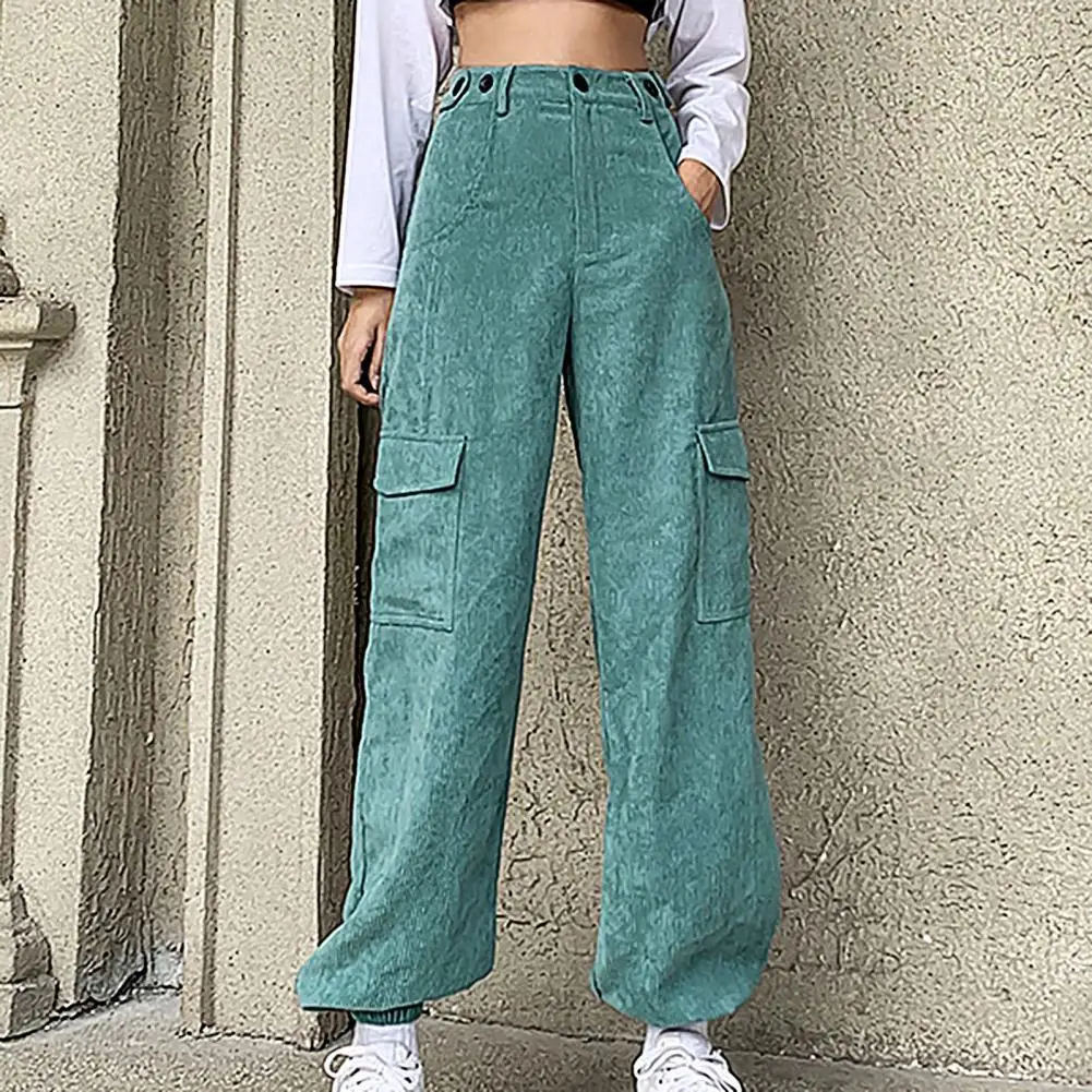 

Women High Waist Buttons Mulit Pockets Ankle Tied Loose Corduory Pants Trousers Fashion Casual Pants