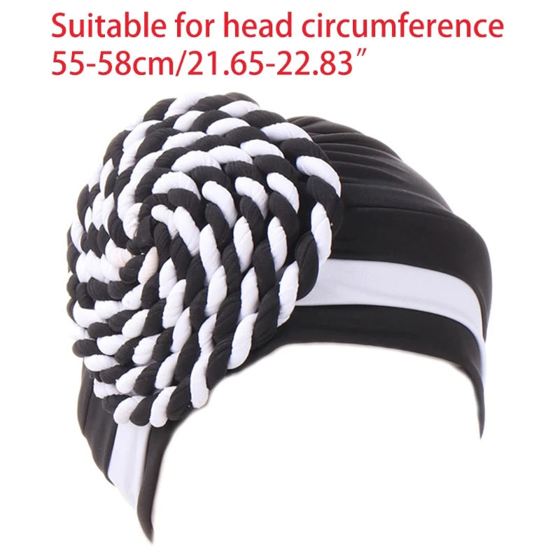 

Women Muslim Pre-Tied Hijab Turban Hat Side Twisted Braid Beanies Headwrap Color Block Stripes Pleated Chemo Cap