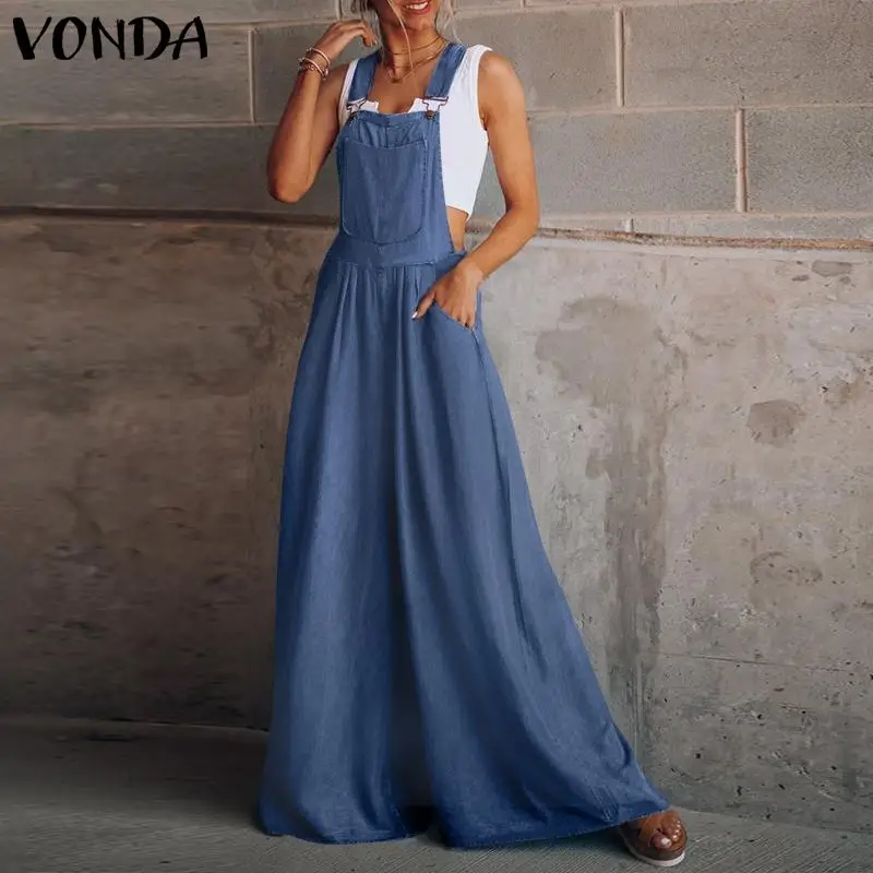 

Summer Denim Jumpsuits VONDA Women Sleeveless Solid Dungaree Palazzo Pants Wide Leg Trousers Oversize Pantalones Office Overalls