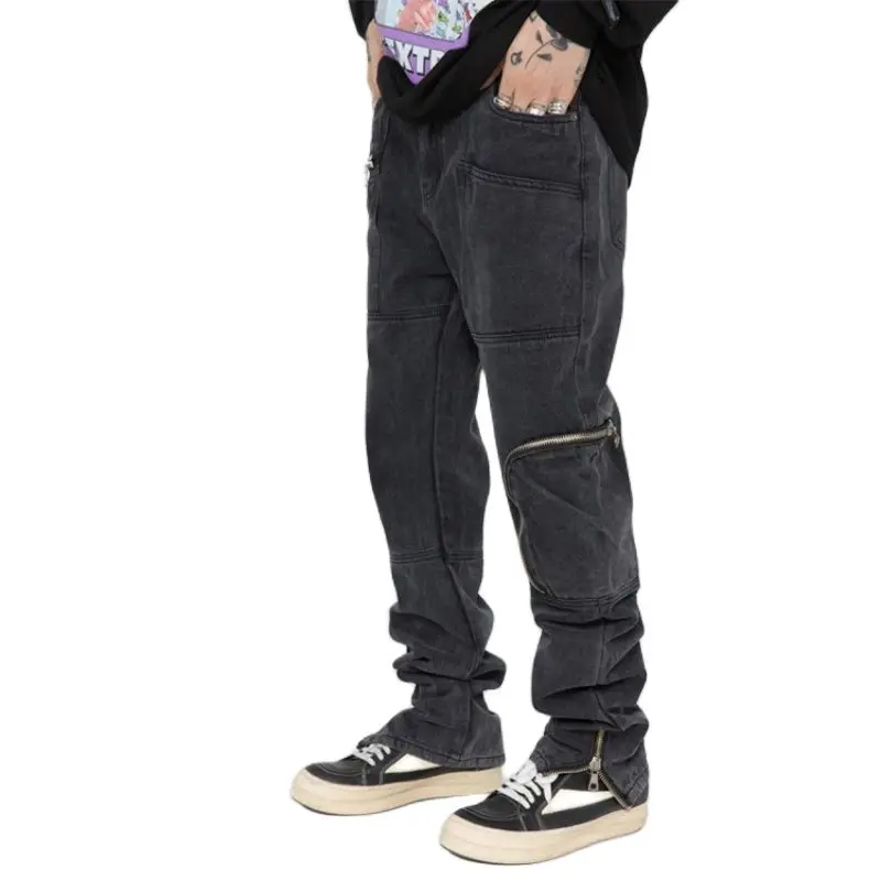 2021 Cool Design Ankle Zipper Retro Washed Men Pencil Jeans Trousers Hip Hop Streetwear Black Cotton Denim Pants Pantaloni Uomo