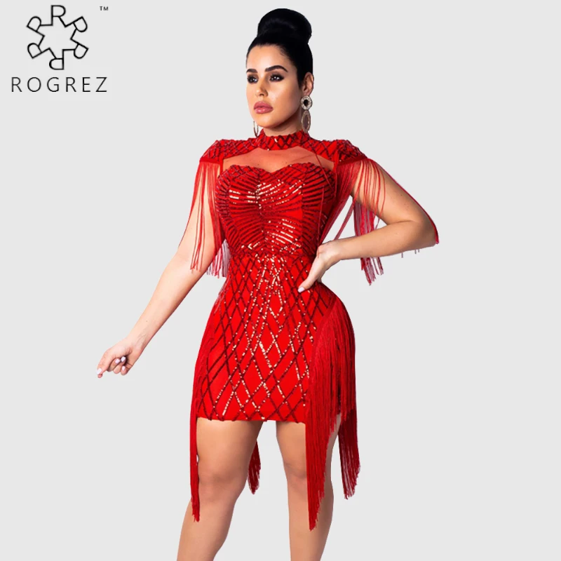 ROGREZ красное черное бежевое сексуальное платье для ночного клуба с кисточками и