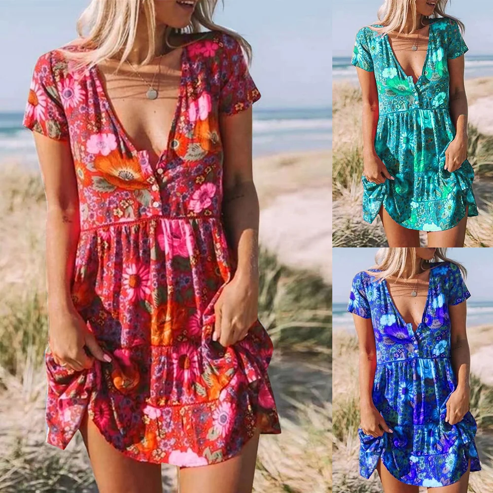 

Women Plus Size Floral Print Mini Dress V-neck Short Sleeve Folds Buttons Sundress Summer Casual A-line Colorful Dresses D30