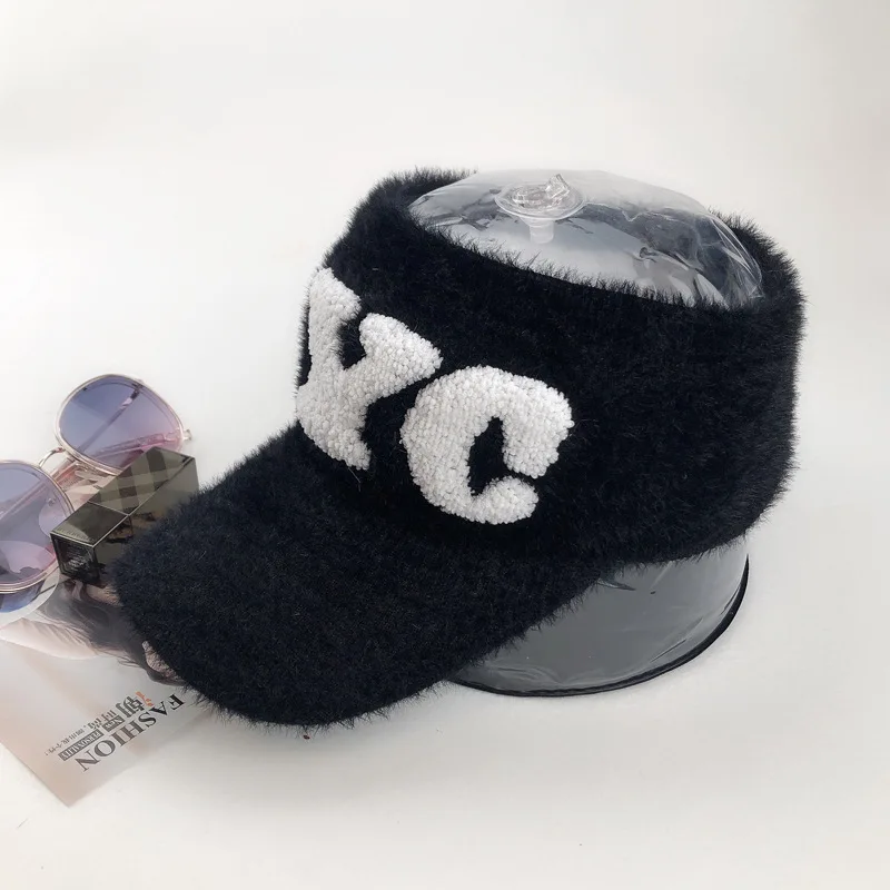 

embroidery letters visor hat mink cashmere visor cap autumn winter sports hat
