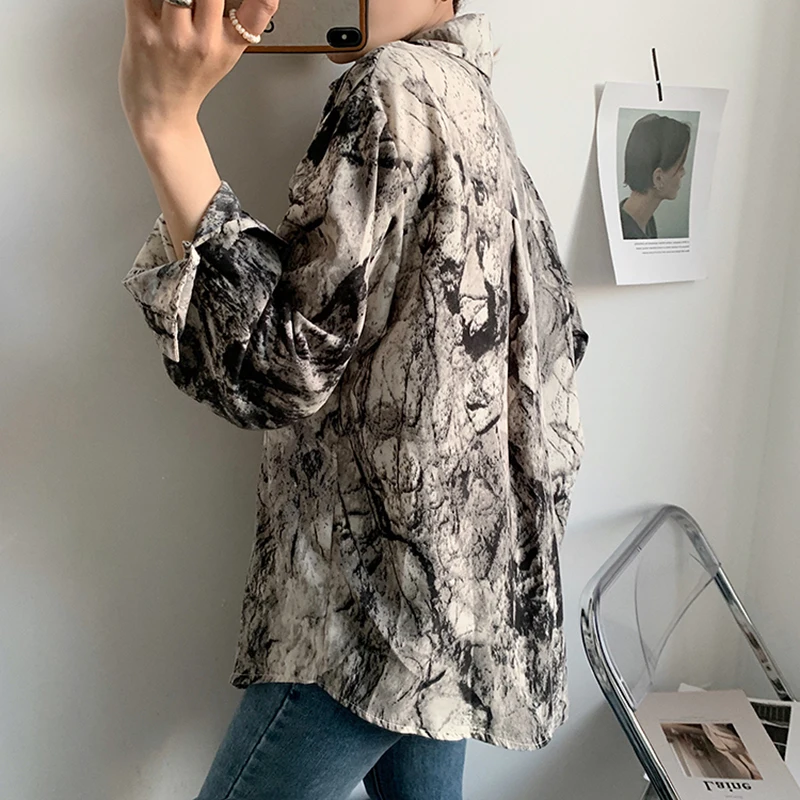 

Daily Ulzzang Abstract Ink Women Shirt Korean Retro Printed Long Sleeve Chic Japanese Style Students Shirts Loose Thin Chiffon