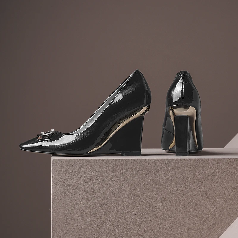 

ISNOM Patent Leather Pumps Women Shoes Wedges Pumps Metal Crystal Square toe High Heel Shoes Woman Ladies Wedge Shoes Black