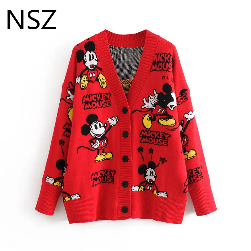 NSZ женский красный кардиган с рисунком из мультфильма свитер длинным рукавом