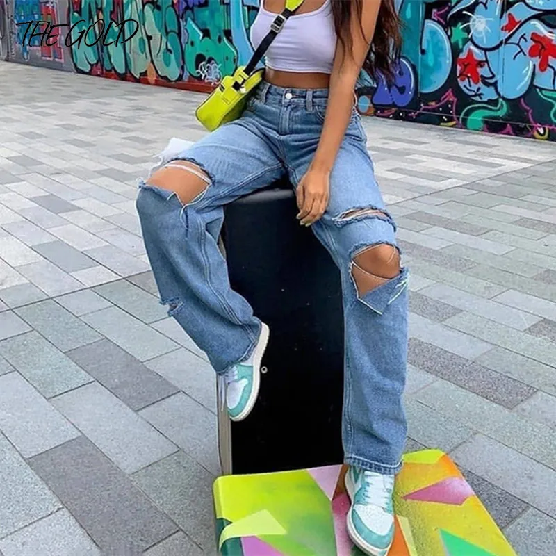 

Ripped Hole Jeans Women Fashion High Wasit Baggy Jeans Sexy Wide Leg Jean Femme 2021 Denim Pants Streetwear Summer Denim Trouser