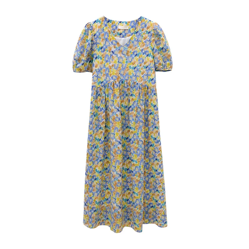 

New floral dress print bubble sleeve V-neck dress 2021 French gentle style sweet temperament long skirt