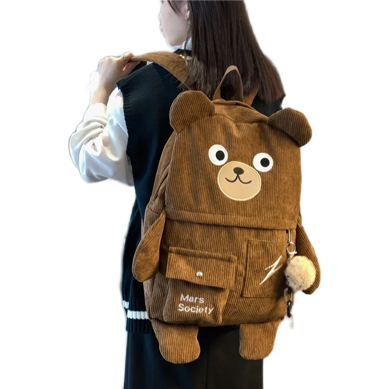 

Retro Corduroy Backpack Cute Funny Bear Women Backpacks Female Korean Harajuku School Bags Student Ladies Shoulder Book Bag New