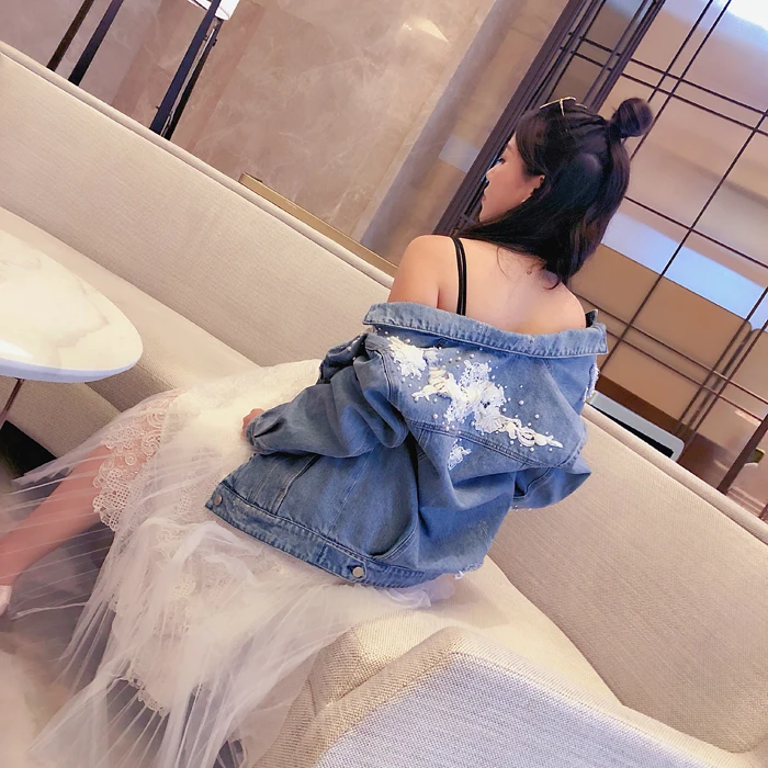 

New addictive it is White water soluble lace flower handmade nail beads casual leisure denim jacket