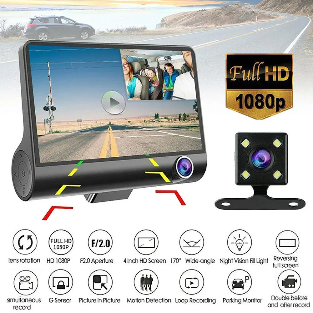 4 дюйма Автомобильный видеорегистратор три объектив HD 1080P Dash Cam ночного видения