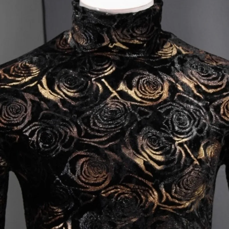 2020 New Black Gold Rose T-Shirt Men Autumn Winter Turtleneck Slim Fit Long Sleeve Floral Printed Thick Warm Tees Tops Homme | Мужская