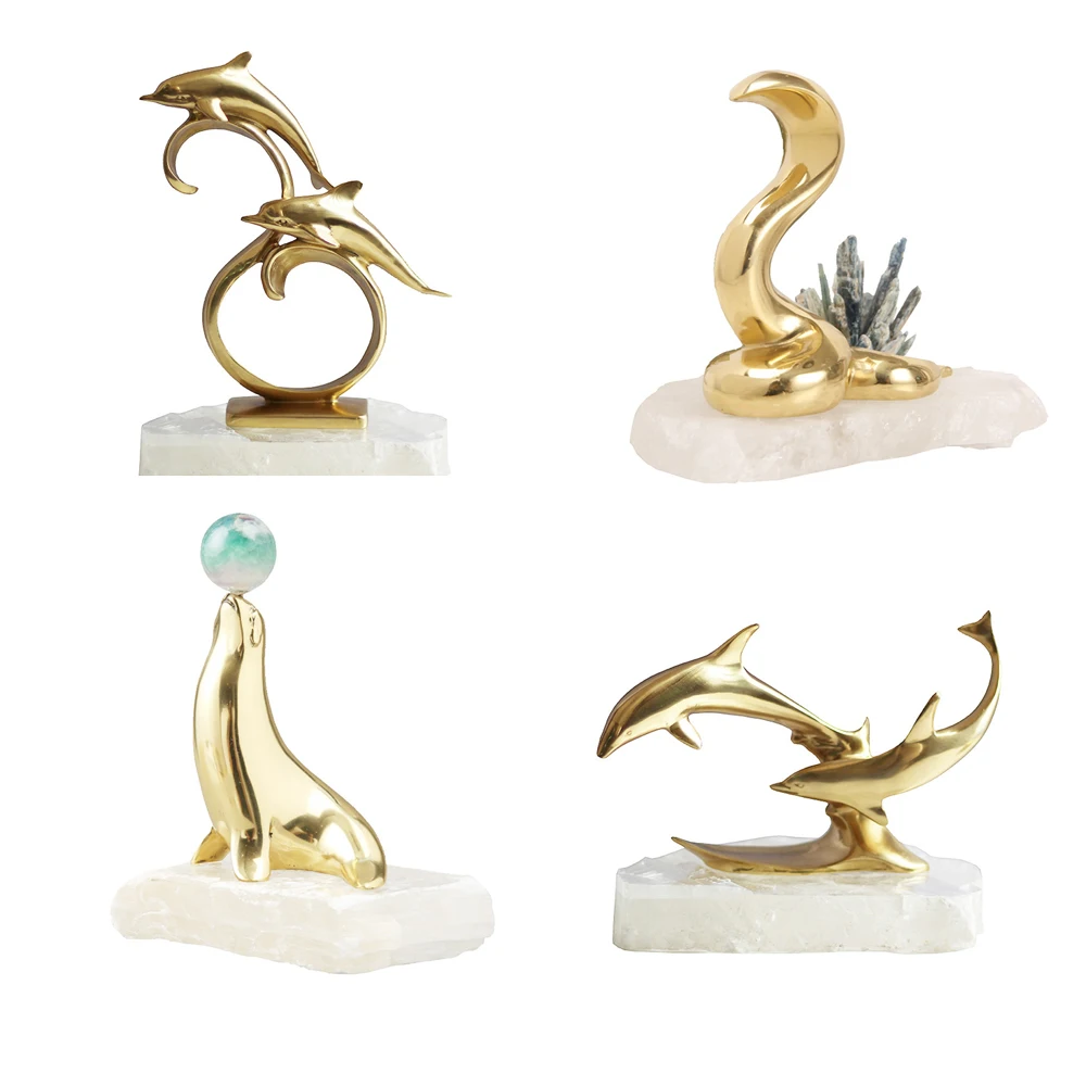 

Natural Clear Quartz Pure Copper Dolphin Figurine Aquatic Animals Healing Crystal Stone Crafts Modern Minimalist Home Decoration