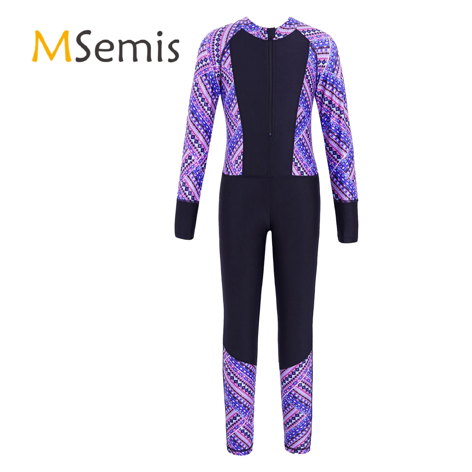 

Kids Girls and Boys Rash Guards Swimsuit Mock Neck Long Sleeves Front Zipper Folk Pattern Print Long Swimming Jumpsuit Swimwear