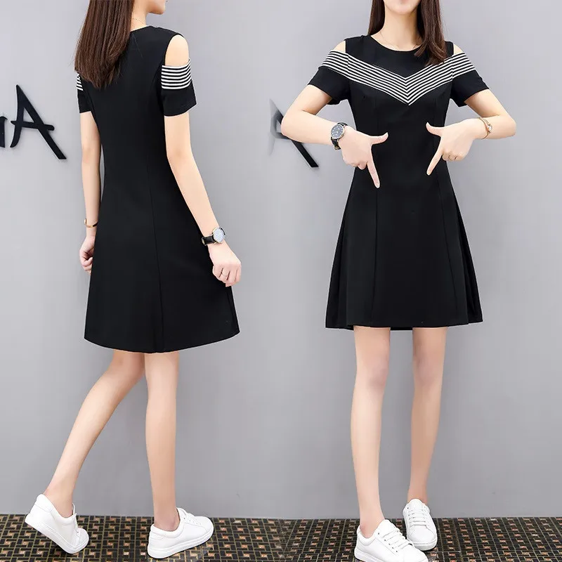 

Ladies spring and summer dresses new short-sleeved off-shoulder waisted A-line skirt