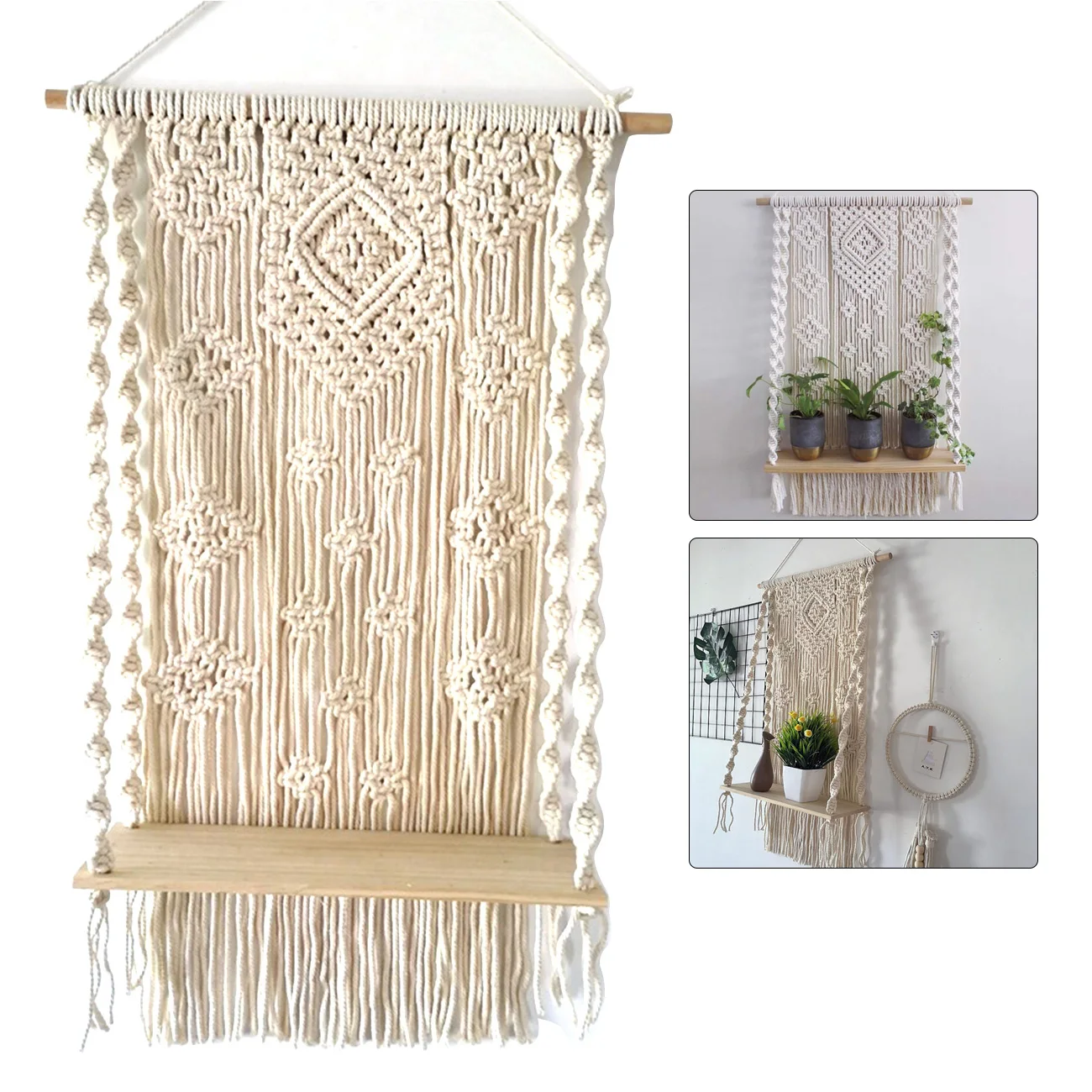 

Handmade Macrame Wall Hanging Rope Shelf Storage Holders Wooden Racks Floating Plant Rack Stand Macrame Tapestry Decor