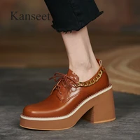 kanseet high quality platform shoes autumn new women pumps round toe lace up genuine leather handmade high heels female footwear