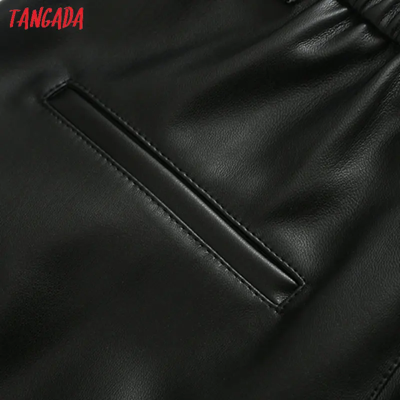 Tangada для женщин Высокая талия черный искусственная кожа harm брюки плиссированные женские стрейч талии винтажные брюки из искусственной кожи JE63