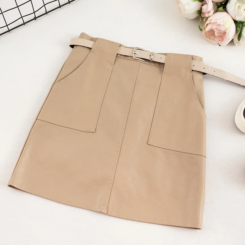 Pink Skirt Винтажные юбки из искусственной кожи с высокой талией, осенне-зимняя женская мини-юбка из искусственной кожи, одноцветная женская короткая юбка с карманами и поясом - Цвет: Pink Skirt