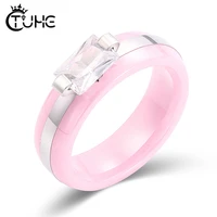 romantic white crystal 6mm pink ceramic ring for women promise wedding engagement rings fashion female jewelry lovely gifts