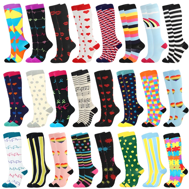 

Men&Women Compression Socks Leg Support Stretch Outerdoor Breatheable Colorful Heart Skull Stripe Knee High Sock Chirstmas Gift