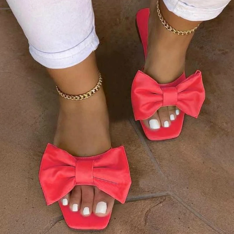 Женские шлепанцы Летние однотонные на плоской подошве с бантом бабочкой Модные