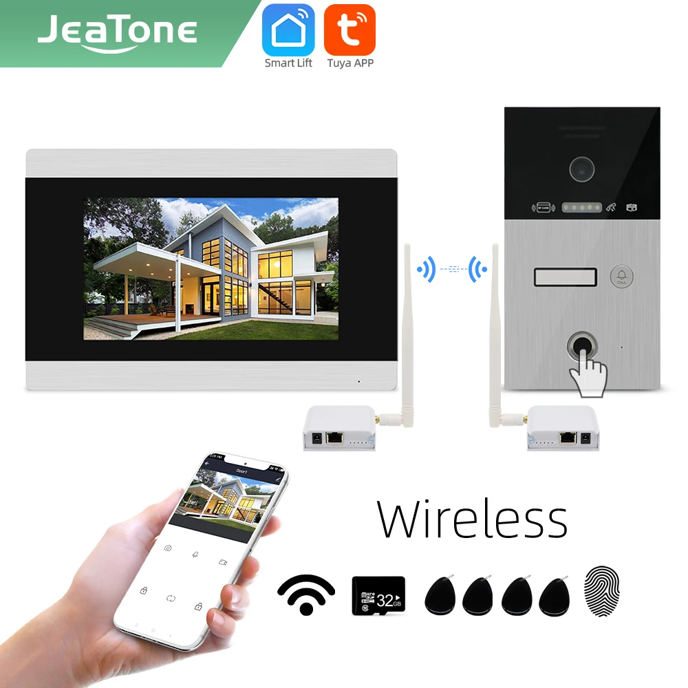 【NEW】Jeatone Tuya smart 7 inch WIFI IP Video intercom phone doorbell camera system with wireless WIFI Bridge Box /Fingerprint