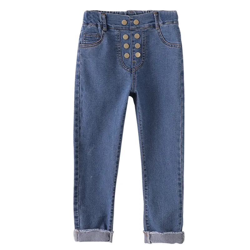 

Girl's Full Length Regular Fit Casual Fashion Washed Blue Jeans Trousers Button Decor Korean Style High Waist Jeans