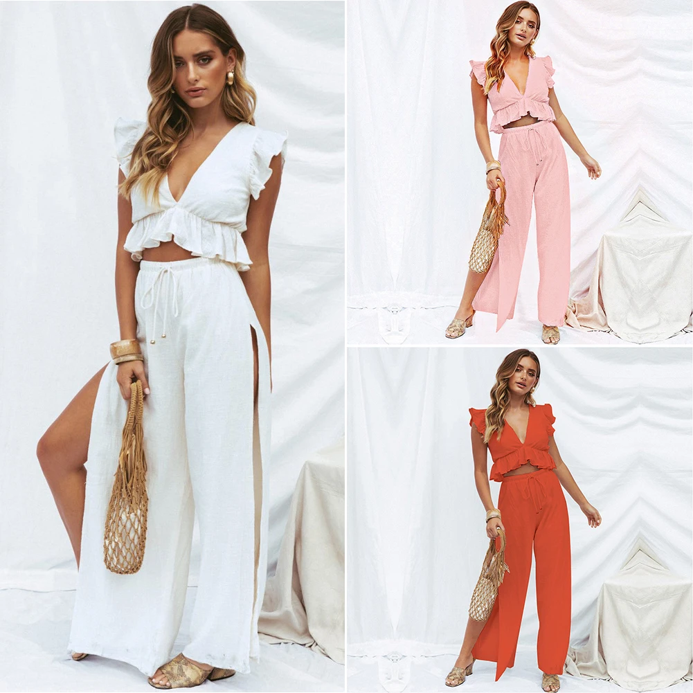 Женский повседневный летний комплект из двух предметов с широкими штанинами