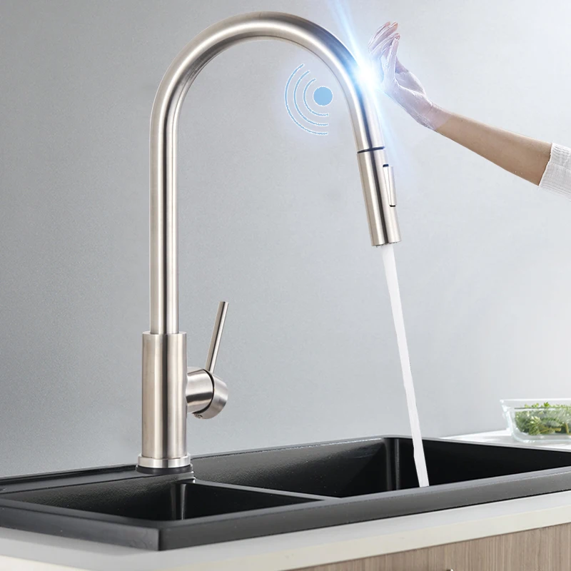 

Black Sensor Kitchen Faucets Stainless Steel Smart Induction Pull Out Mixed Tap Single Handle Touch Control 360 Rotation Tap