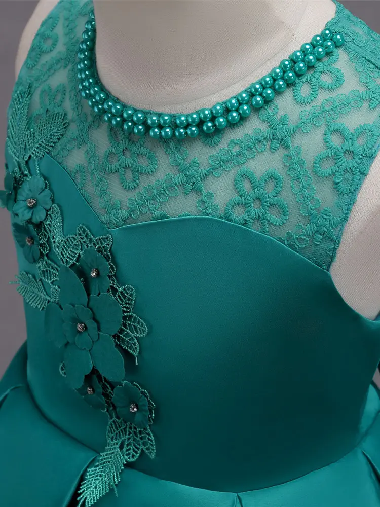 Платье принцессы с цветами для девочек на свадьбу вышивкой и жемчугом круглым