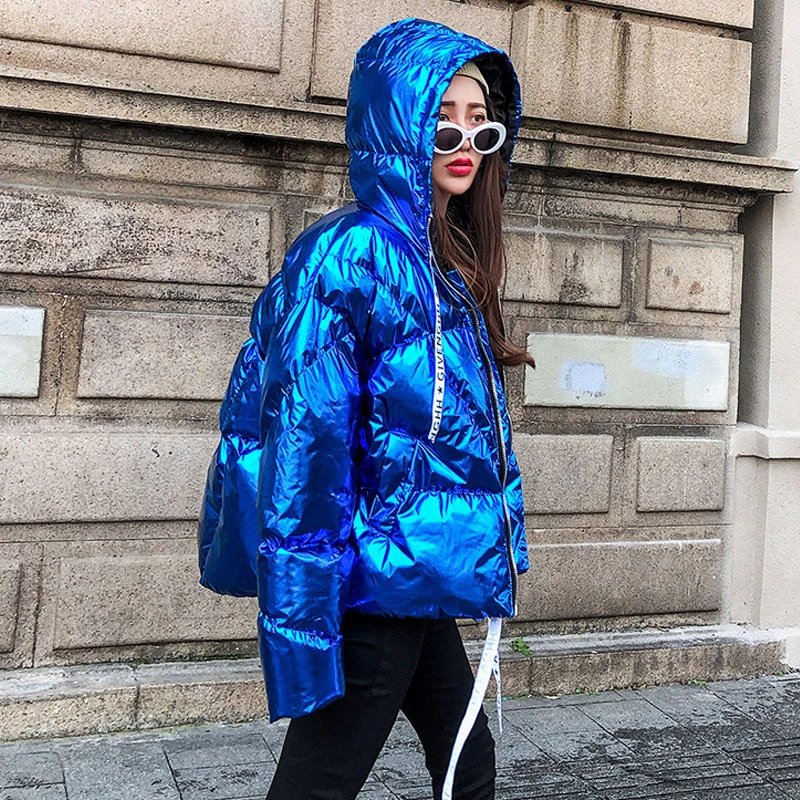 2019 Зимняя парка пальто синие блестящие куртки женские пуховики хлопковые