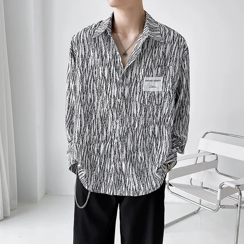 Fashion Striped Shirt for Men Loose Lonng Sleeve Casual Shirts Streetwear Hip Hop Oversize Social Party Nightclub Male Clothing