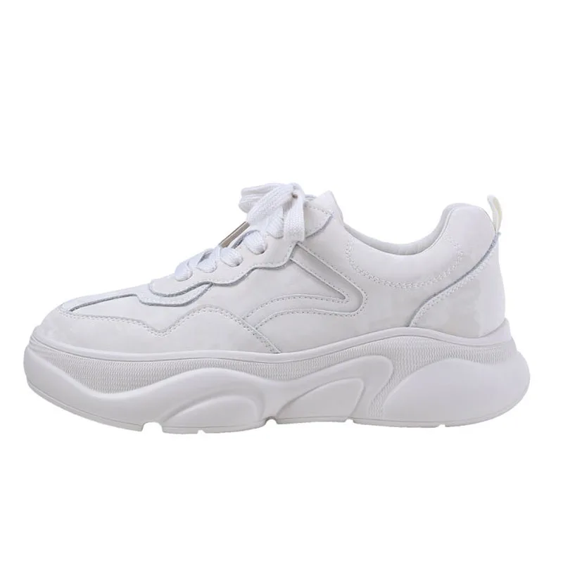 Taoffen Real Leather Sneakers Women Thick Sole Solid Color Lace Up Flats Shoes Daily Outdoor Leisure Shoes Women Size 35-39