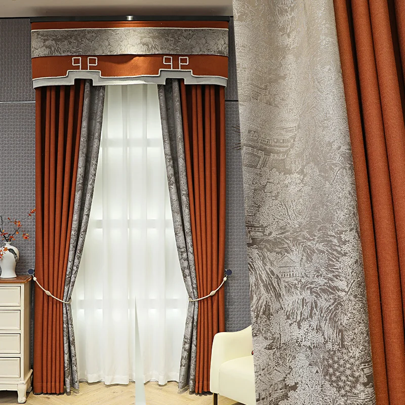 

Custom curtain High quality modern classical lace Jacquard Splicing red cotton blackout curtain valance tulle panel M1168