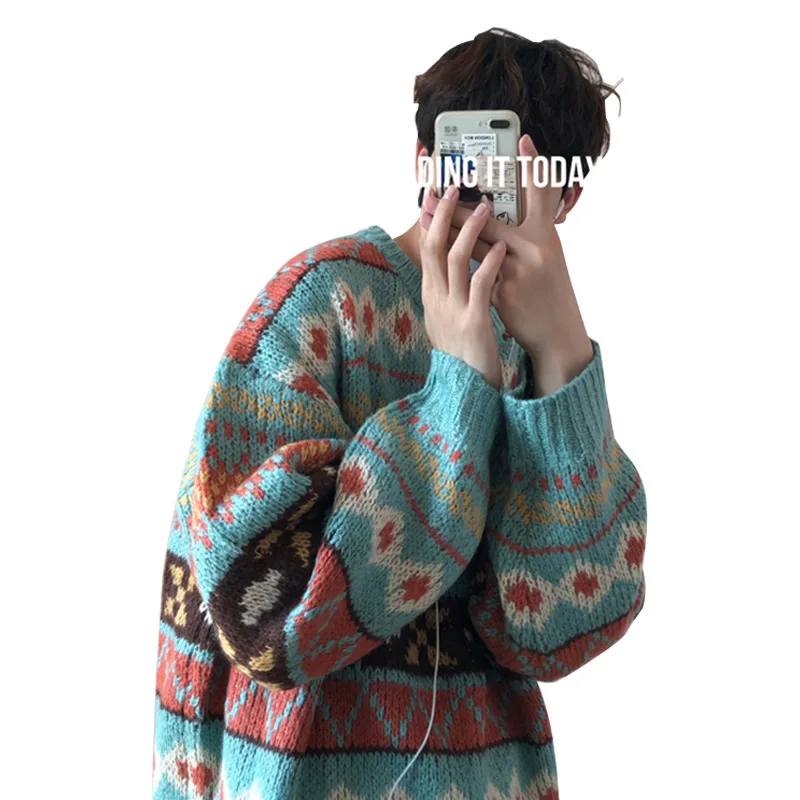 

Sweater Men's Thicken Winter Thicken Needle Knitted National Wind Round Neck Pullover Geometric Pattern Loose Big Cuff Tops Men