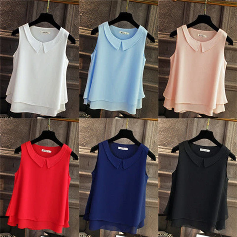 

Women Summer Style Blouses Shirts Casual Vest Lady Sleeveless Doll Collar Solid Color Blusas TopsDM0016